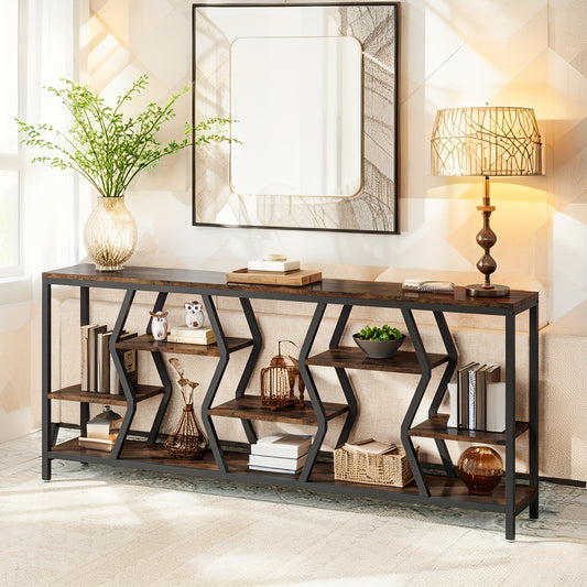 Modern Rustic Sofa Console Table with 4 Tier Wood Shelves