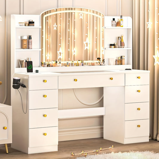 Modern Makeup Vanity Desk With LED Mirror And Charging Station