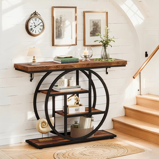 Rustic Industrial Console Table with 4-Tier Storage and Oak Finish