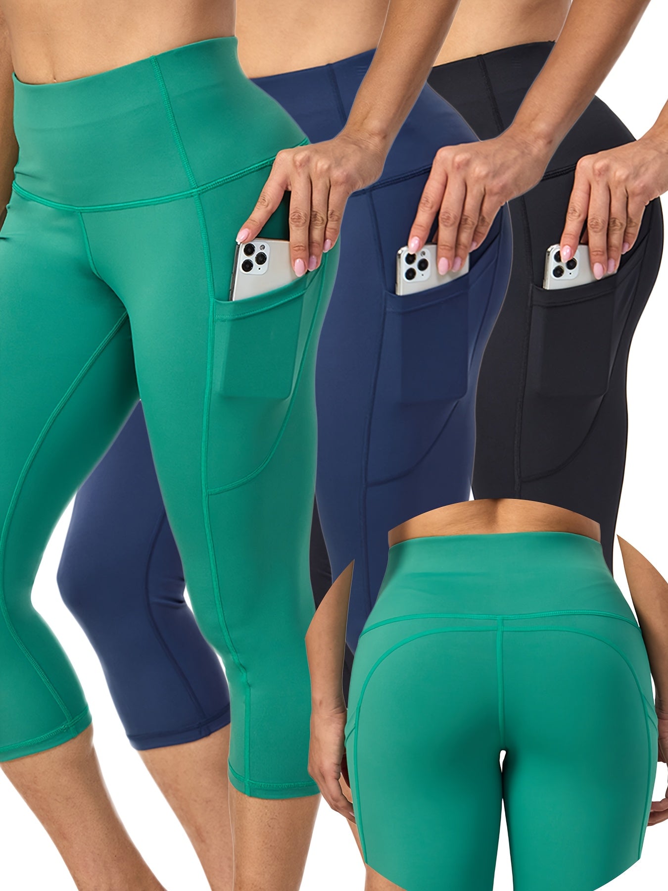 3 Pack Capris High Waist Cropped Yoga Pants With Pockets For Women Tummy Control Workout Leggings Black Gray Pink