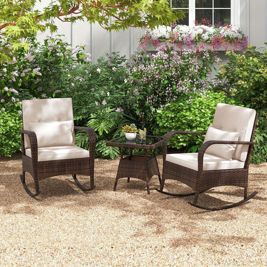 Lifezeal Outdoor Rocking Bistro Set with Cushions and Glass Table
