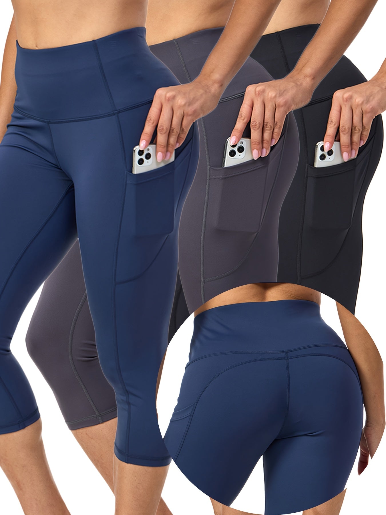 3 Pack Capris High Waist Cropped Yoga Pants With Pockets For Women Tummy Control Workout Leggings Black Gray Pink