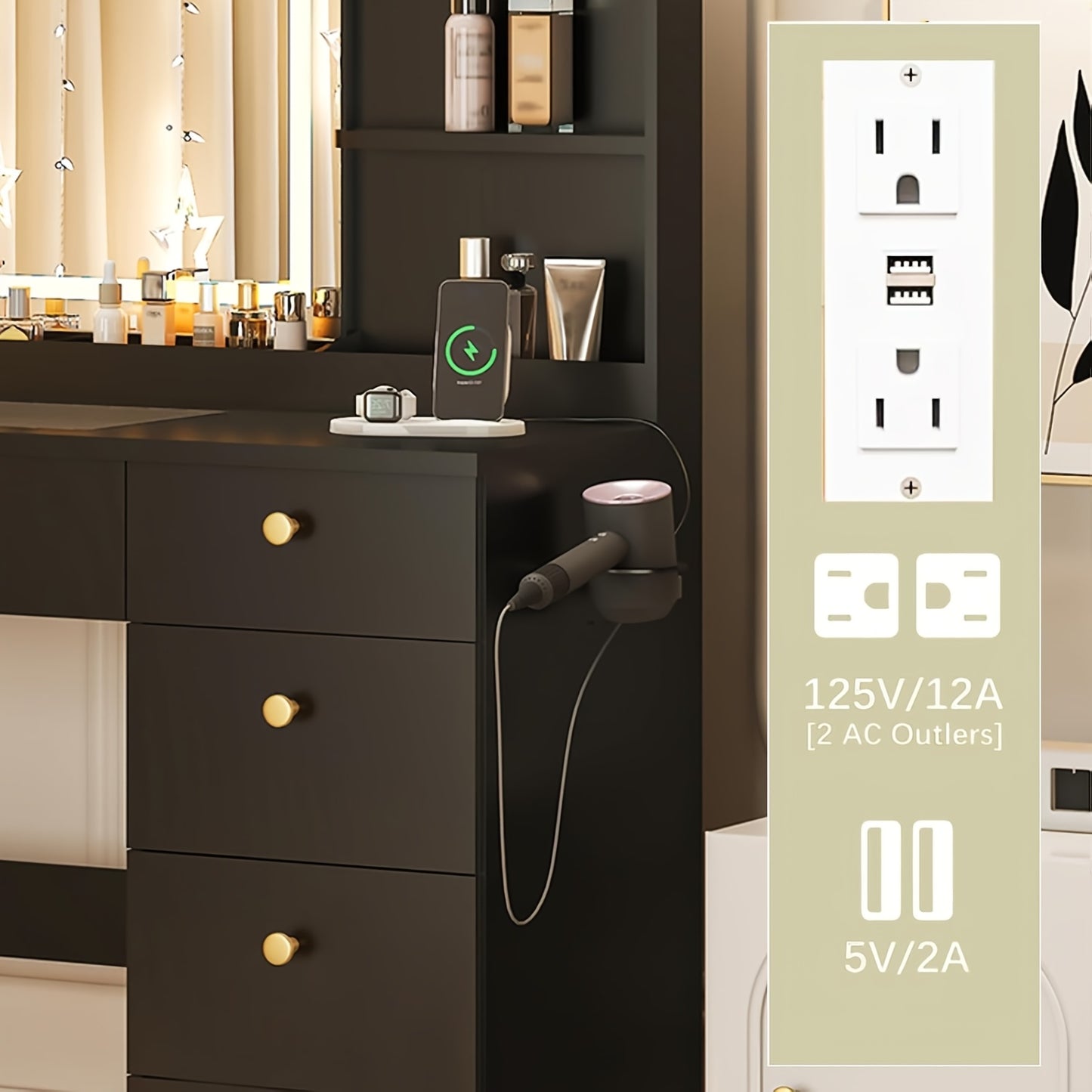 Modern Makeup Vanity Desk With LED Mirror And Charging Station