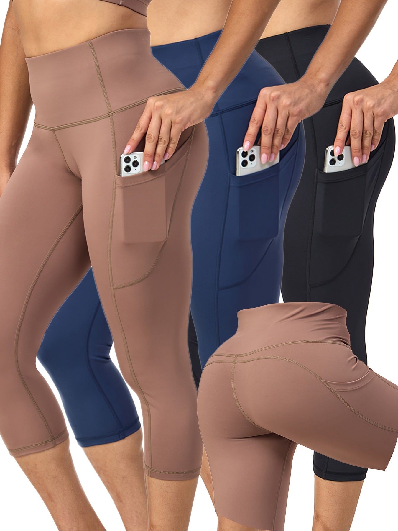 3 Pack Capris High Waist Cropped Yoga Pants With Pockets For Women Tummy Control Workout Leggings Black Gray Pink