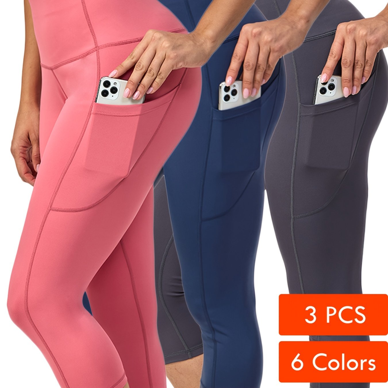 3 Pack Capris High Waist Cropped Yoga Pants With Pockets For Women Tummy Control Workout Leggings Black Gray Pink