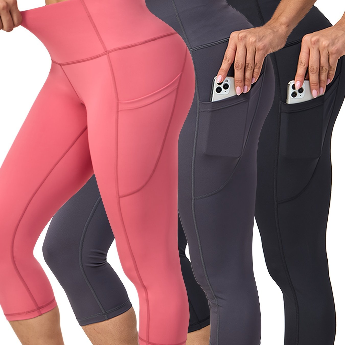 3 Pack Capris High Waist Cropped Yoga Pants With Pockets For Women Tummy Control Workout Leggings Black Gray Pink