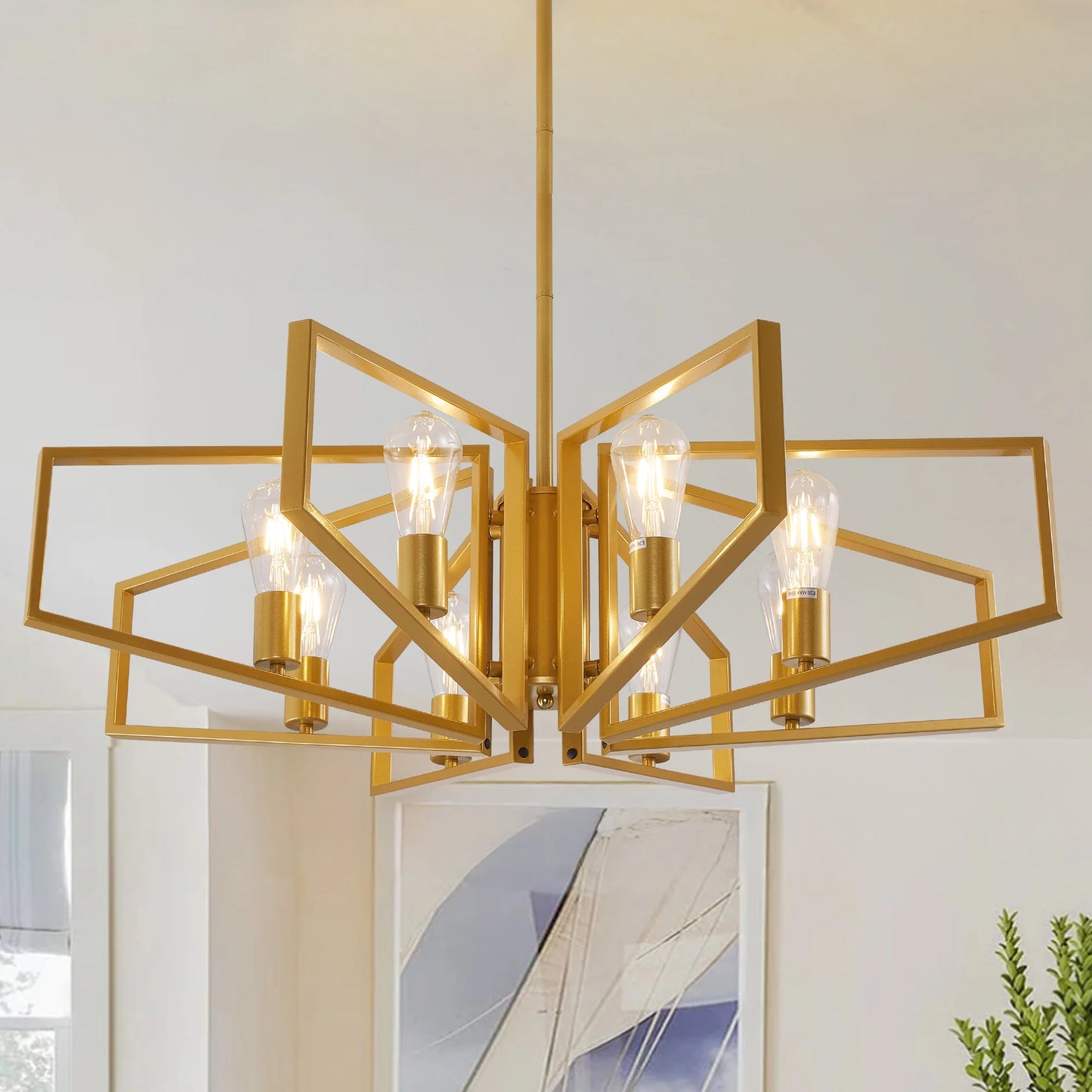 Modern 8-Light Geometric Chandelier Adjustable Height Metal Pendant Light Fixture for Living Room and Dining Areas