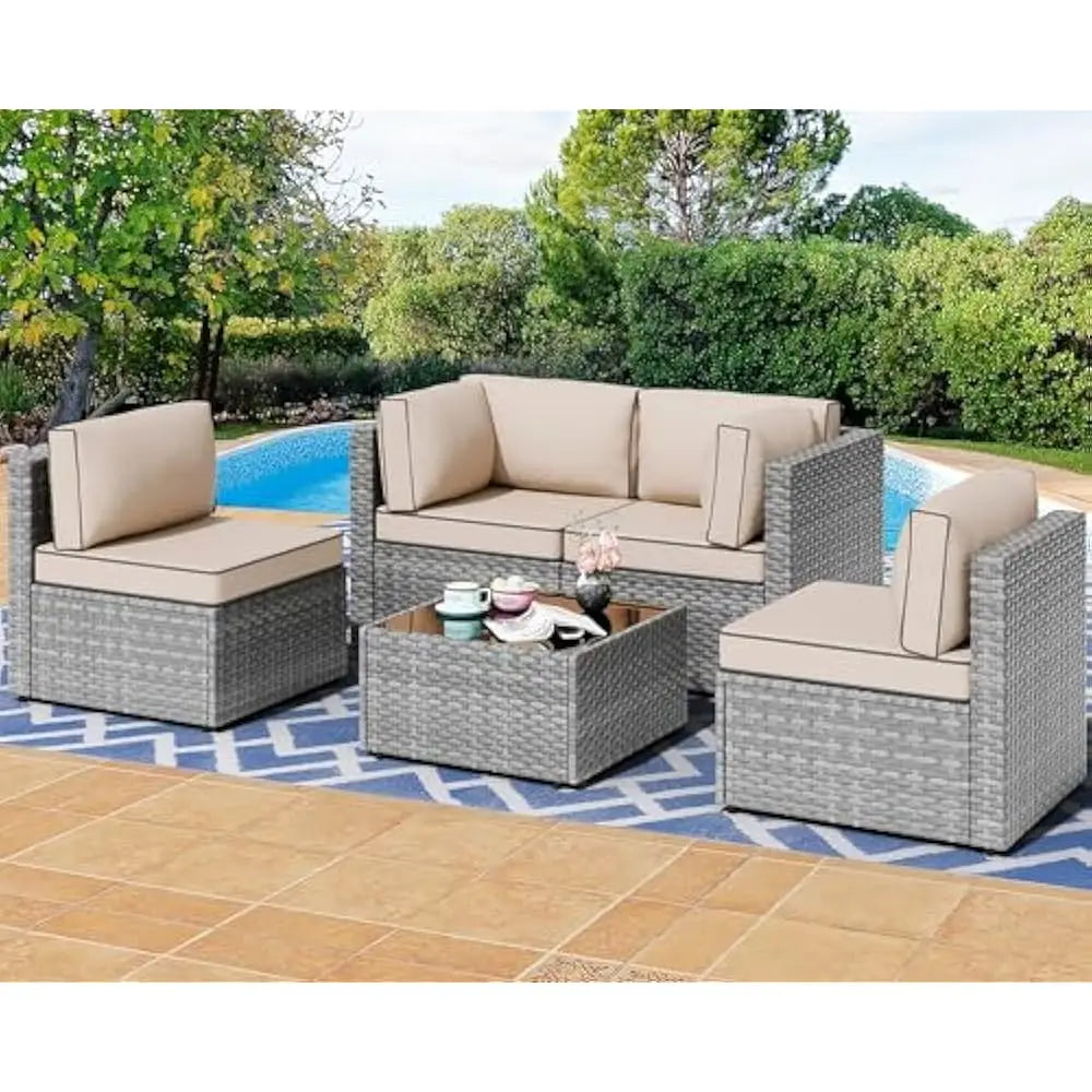 Outdoor 5 Piece Patio Sectional Sofa Set With Wicker