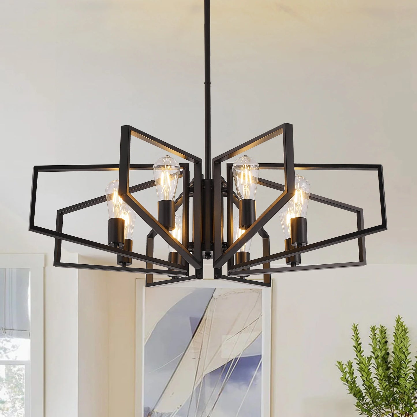 Modern 8-Light Geometric Chandelier Adjustable Height Metal Pendant Light Fixture for Living Room and Dining Areas