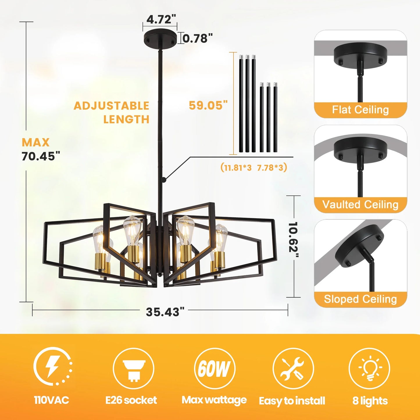 Modern 8-Light Geometric Chandelier Adjustable Height Metal Pendant Light Fixture for Living Room and Dining Areas