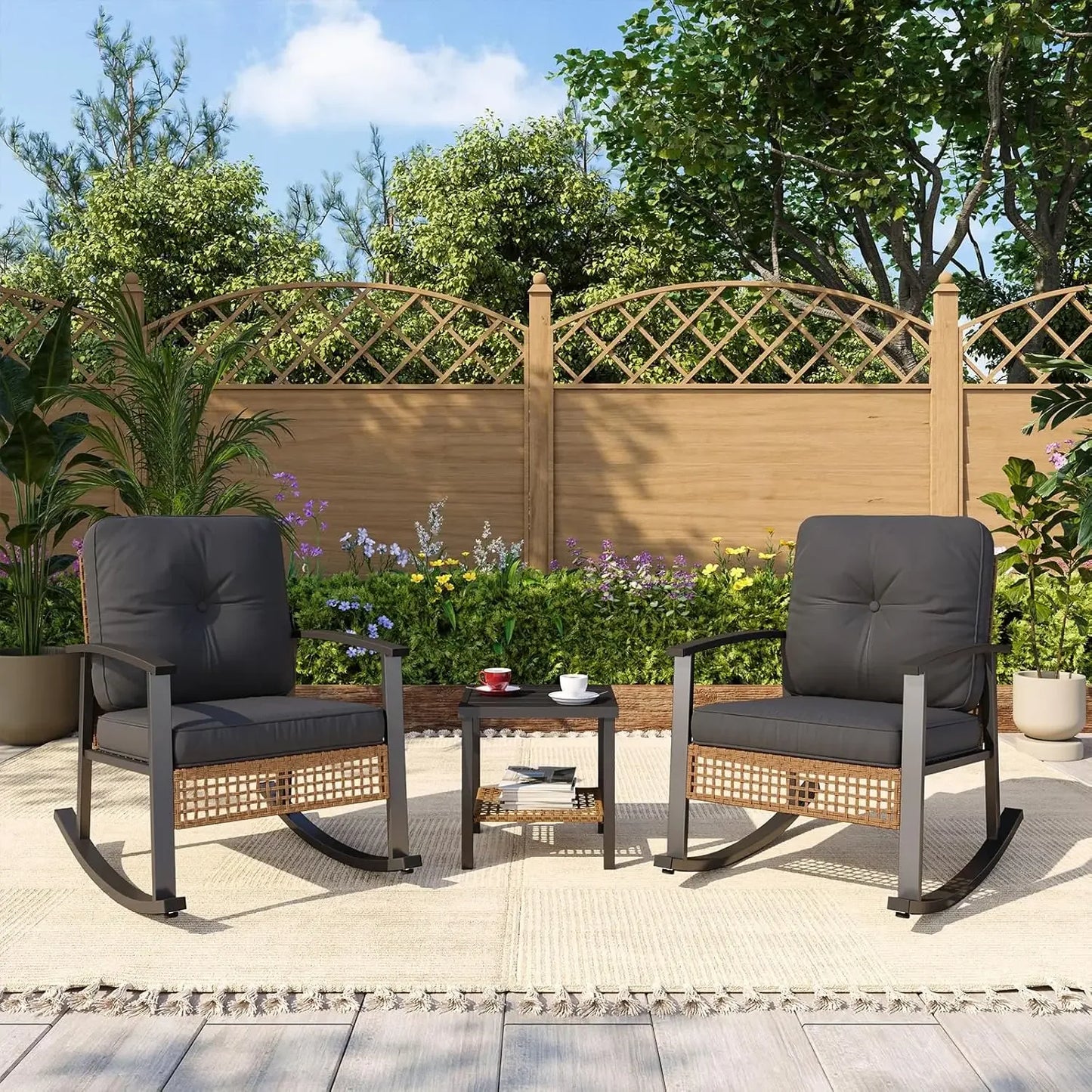 Outdoor Wicker Rocking Bistro Set With Coffee Table
