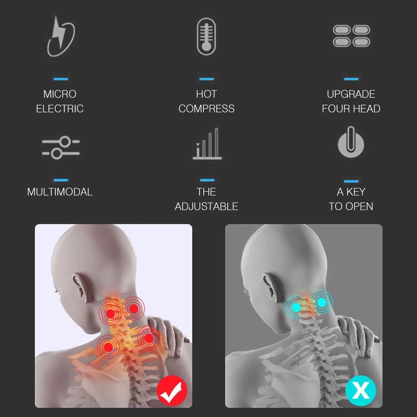 4 Head Neck Massager Heating Pulse USB Cervical Therapy