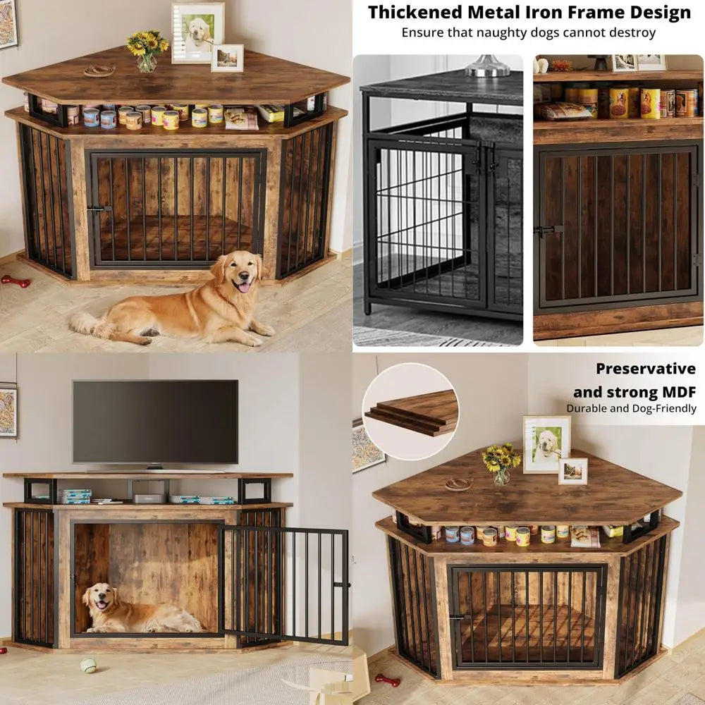DAFIFY Corner Wooden Dog Crate Furniture 2 Tier Shelves