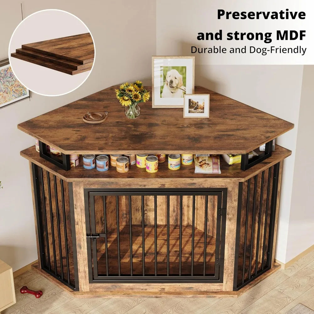DAFIFY Corner Wooden Dog Crate Furniture 2 Tier Shelves