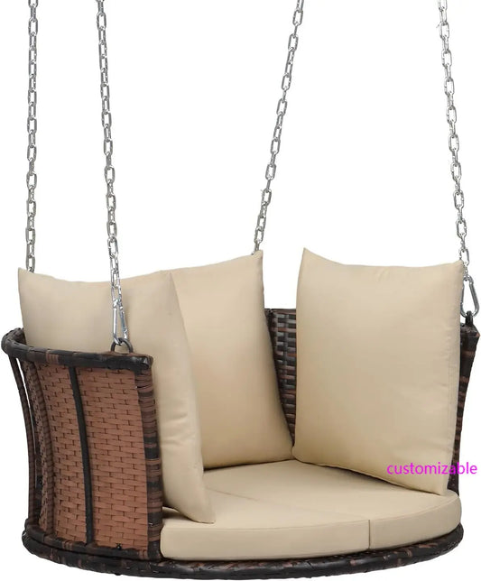 Rattan Porch Swing With Cushions And Adjustable Chains