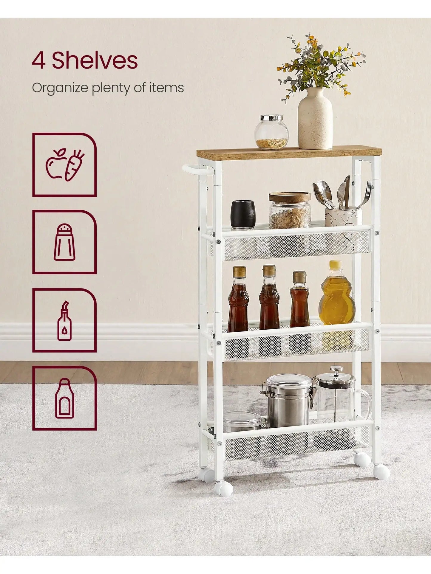 VASAGLE Slim Rolling Cart 4 Tier Narrow Kitchen Storage