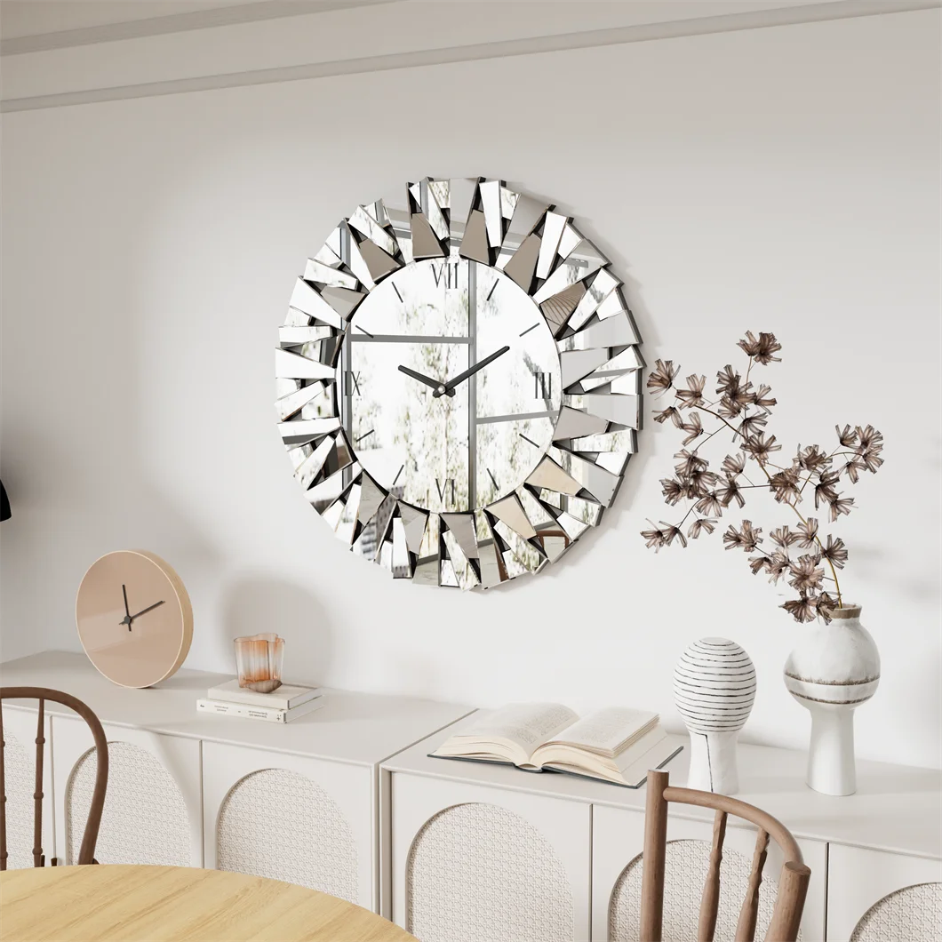 Elegant Mirrored Sunburst Wall Clock With Roman Numerals