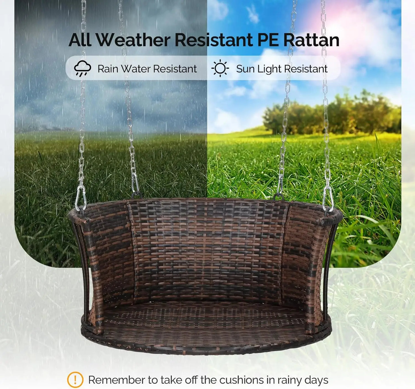 Rattan Porch Swing With Cushions And Adjustable Chains