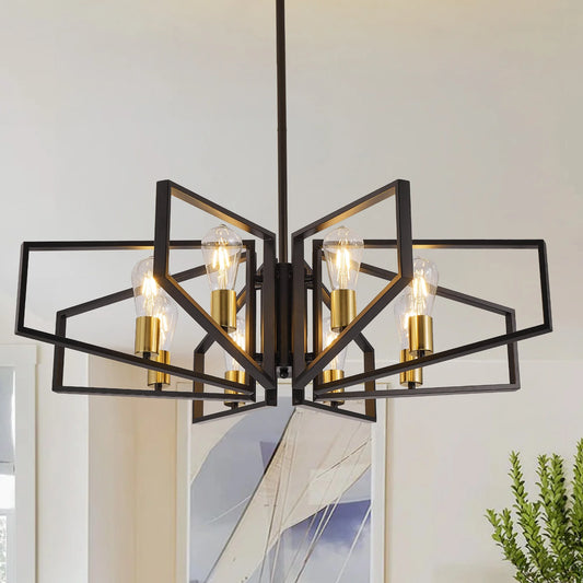 Modern 8-Light Geometric Chandelier Adjustable Height Metal Pendant Light Fixture for Living Room and Dining Areas