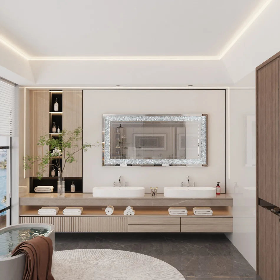 LUVODI Frameless Vanity Mirror With Crystalline Rhinestones Wall Mounted Elegance