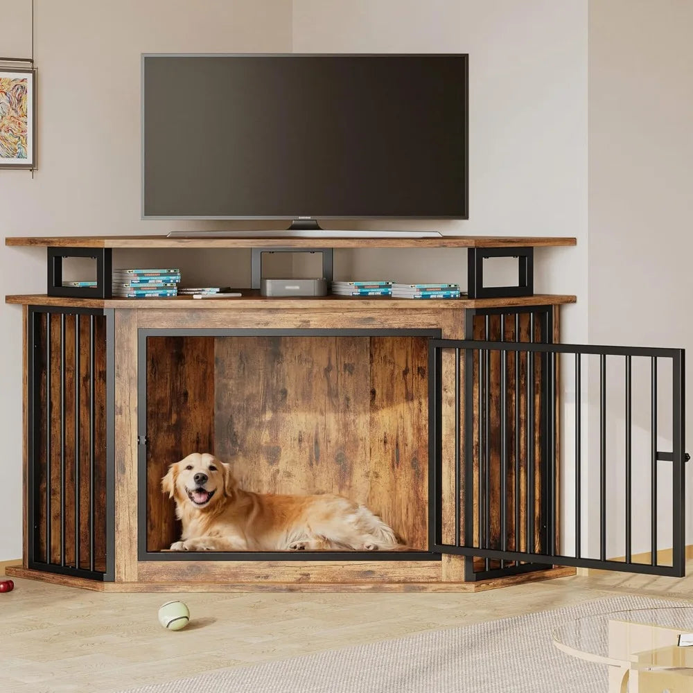 DAFIFY Corner Wooden Dog Crate Furniture 2 Tier Shelves