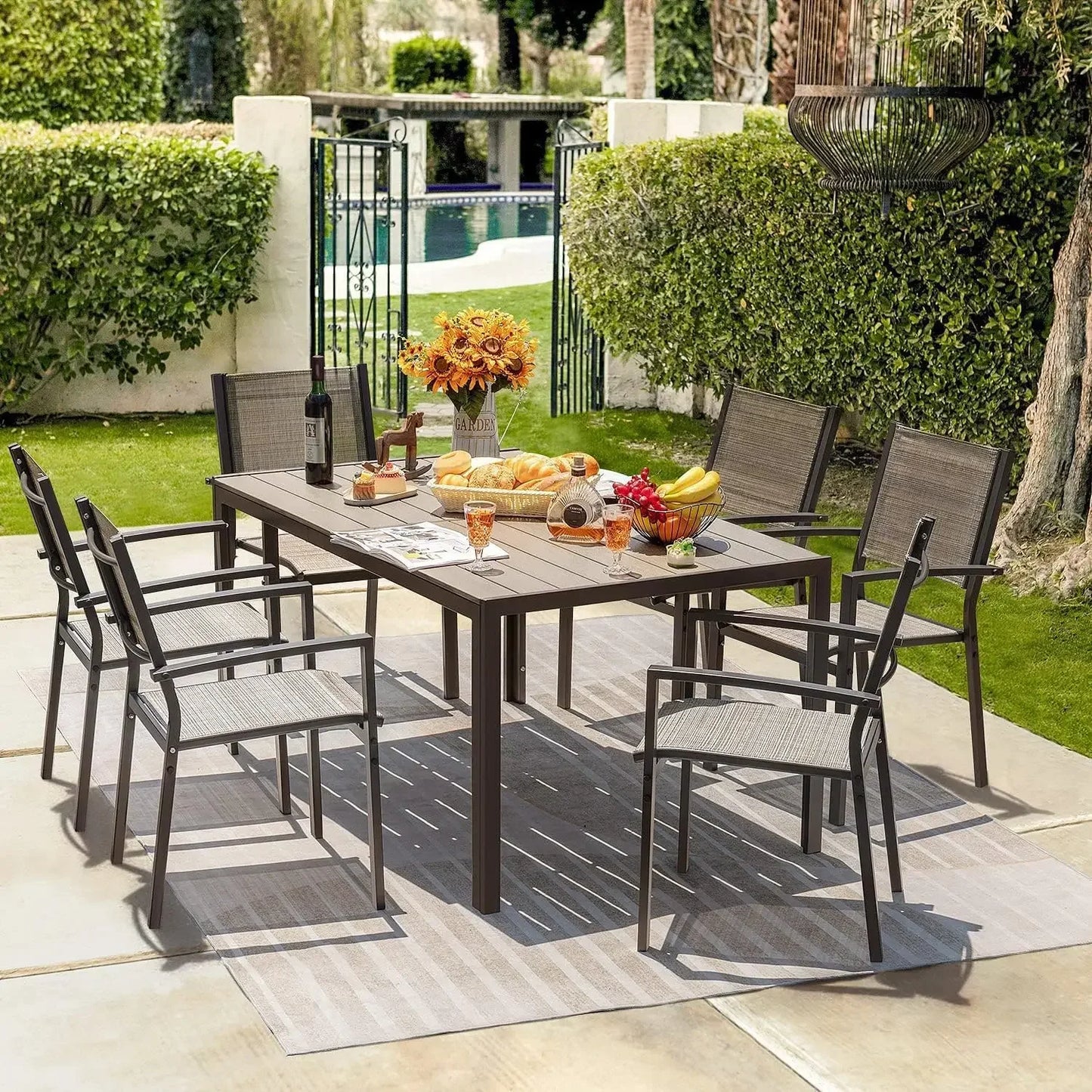 Outdoor Patio Dining Set Large Table And Textilene Chairs