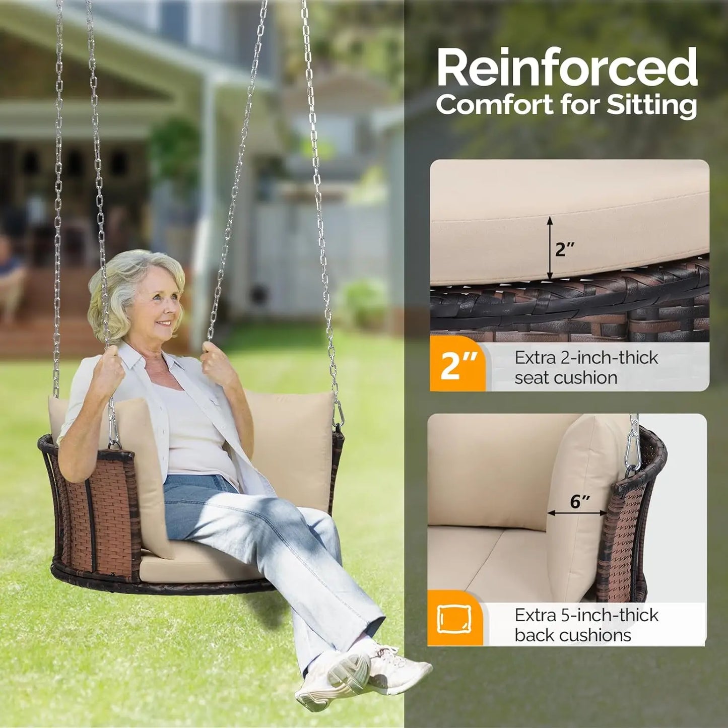 Rattan Porch Swing With Cushions And Adjustable Chains