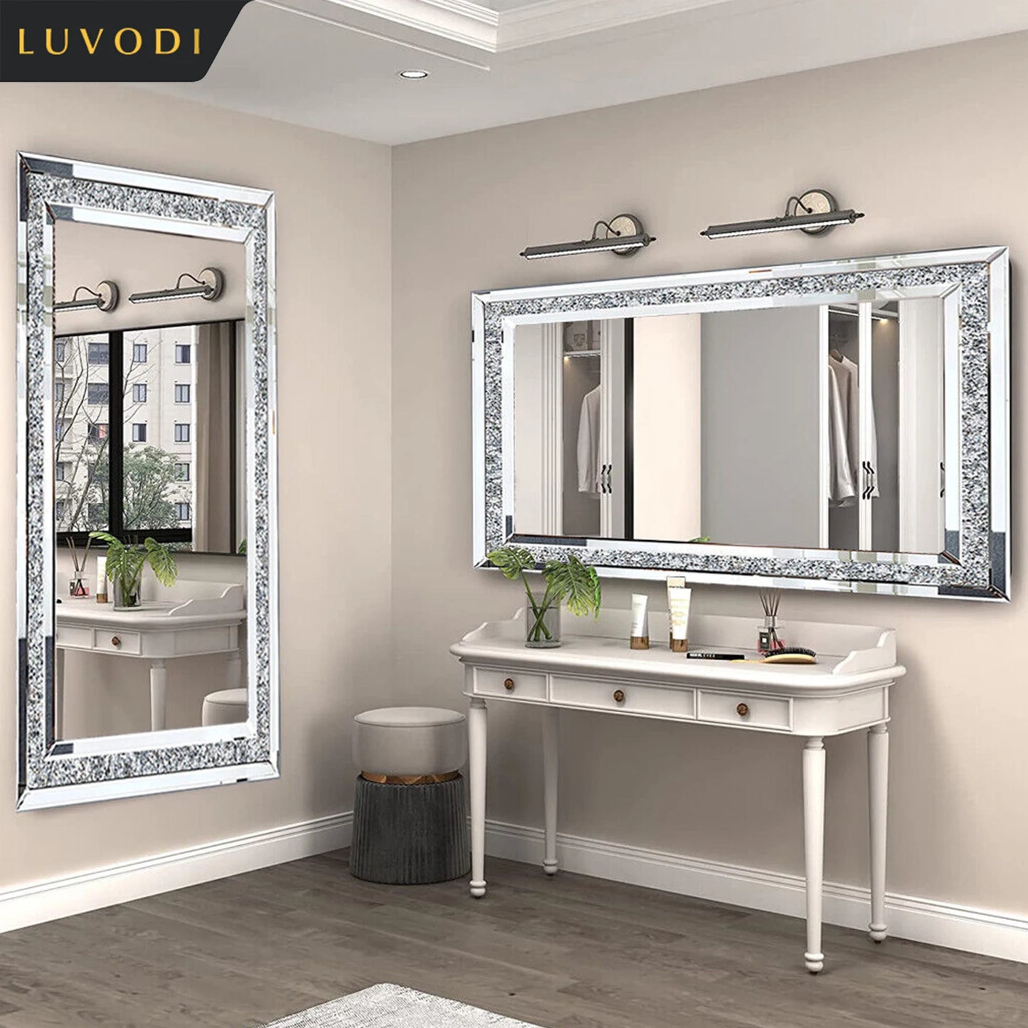 LUVODI Frameless Vanity Mirror With Crystalline Rhinestones Wall Mounted Elegance