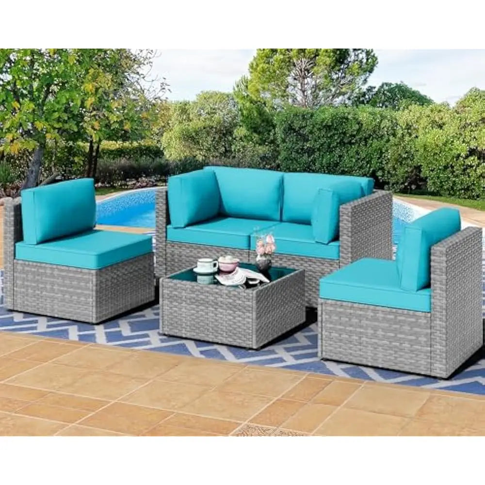 Outdoor 5 Piece Patio Sectional Sofa Set With Wicker