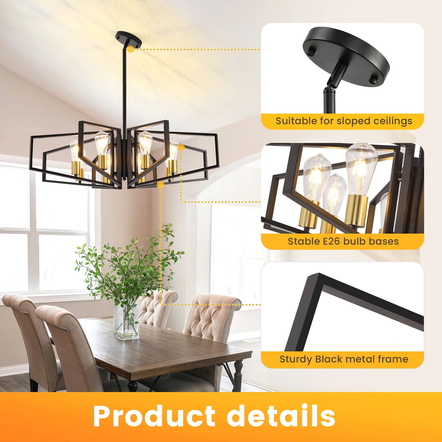 Modern 8-Light Geometric Chandelier Adjustable Height Metal Pendant Light Fixture for Living Room and Dining Areas