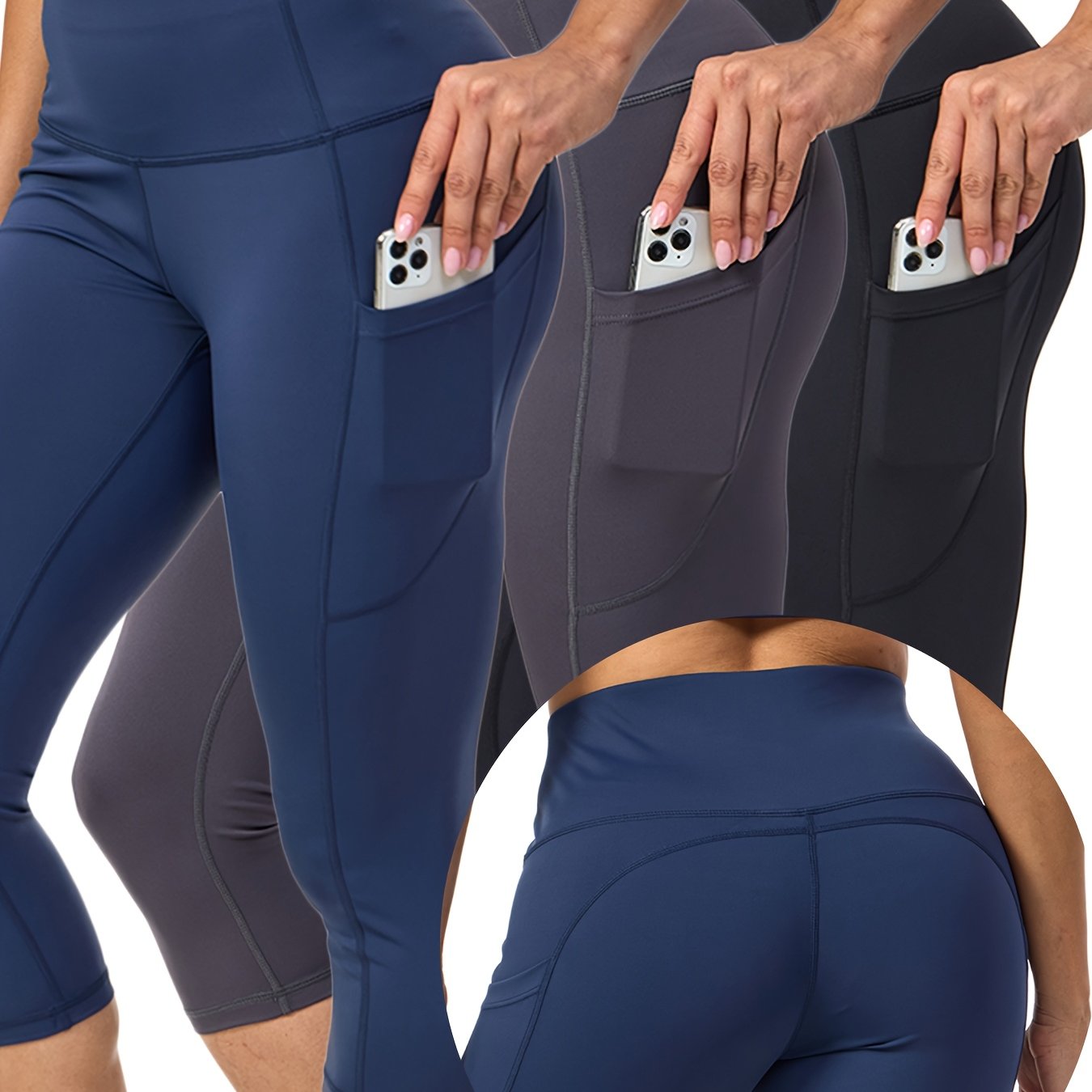 3 Pack Capris High Waist Cropped Yoga Pants With Pockets For Women Tummy Control Workout Leggings Black Gray Pink
