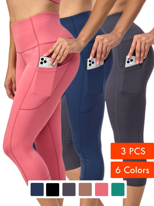 3 Pack Capris High Waist Cropped Yoga Pants With Pockets For Women Tummy Control Workout Leggings Black Gray Pink