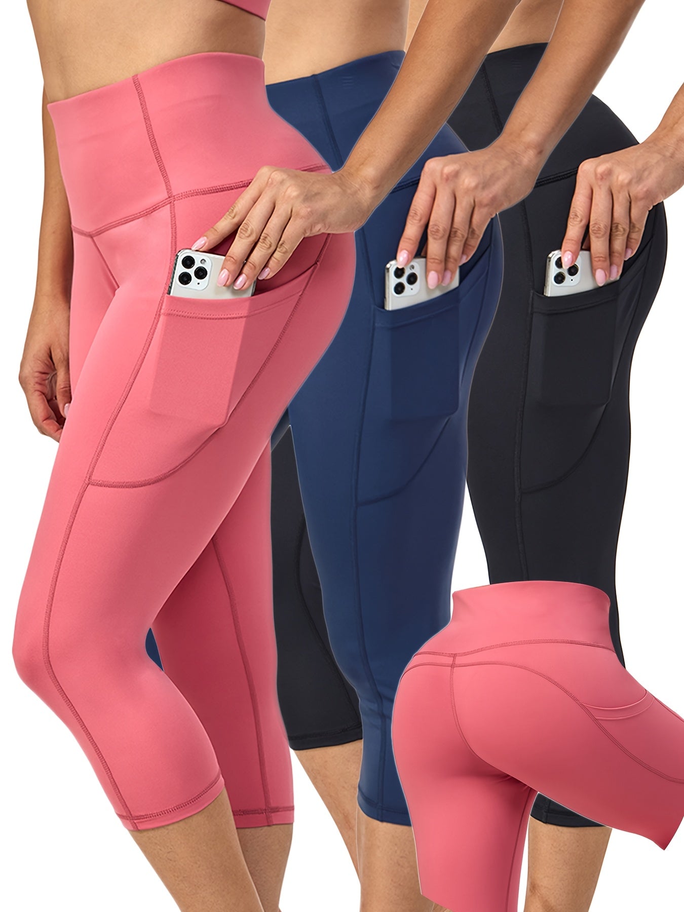 3 Pack Capris High Waist Cropped Yoga Pants With Pockets For Women Tummy Control Workout Leggings Black Gray Pink