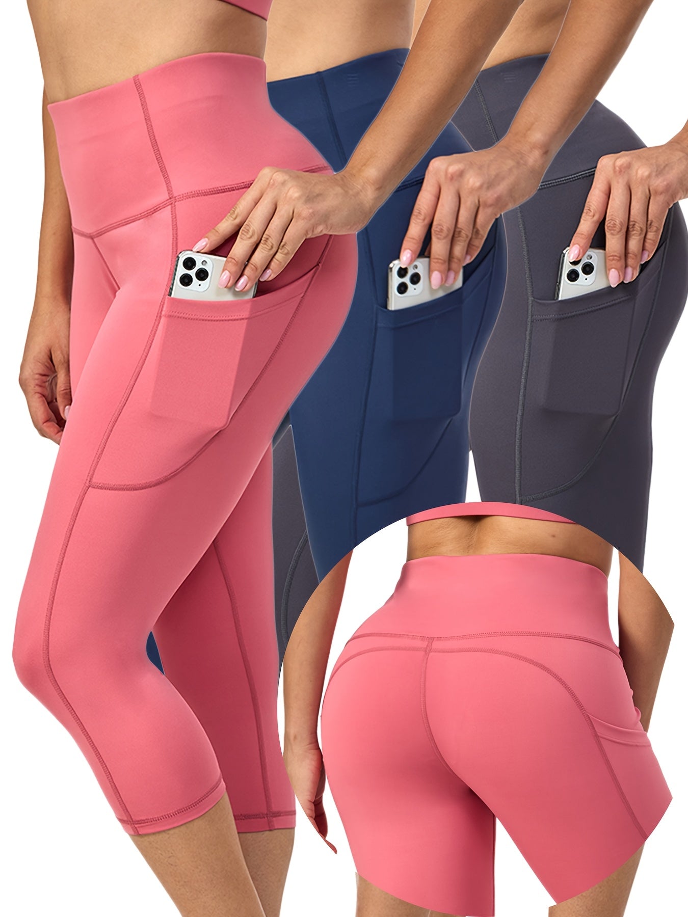 3 Pack Capris High Waist Cropped Yoga Pants With Pockets For Women Tummy Control Workout Leggings Black Gray Pink