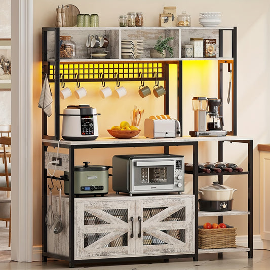 Farmhouse Kitchen Storage Rack with Wine Shelf and Hooks