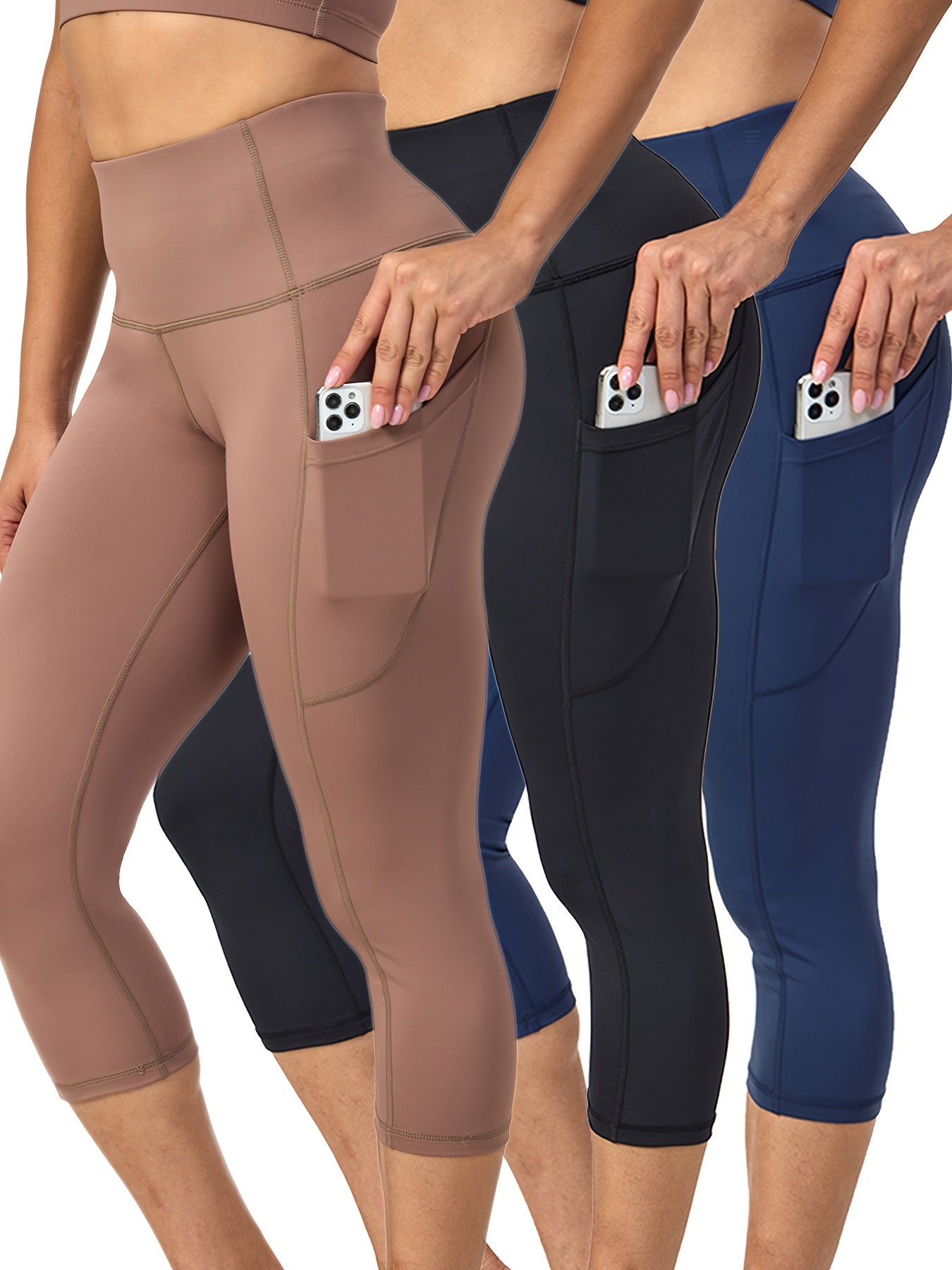 3 Pack Capris High Waist Cropped Yoga Pants With Pockets For Women Tummy Control Workout Leggings Black Gray Pink
